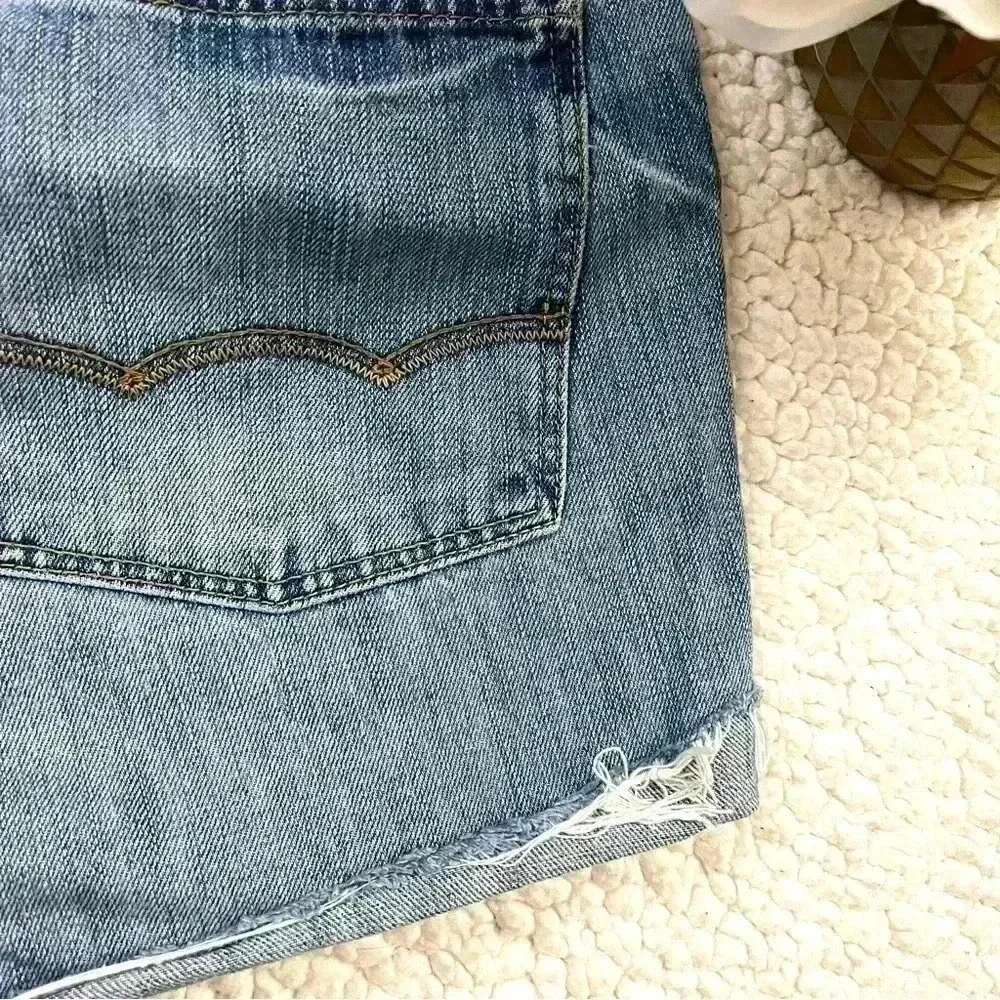 American Eagle Slim Straight Web Cuff Distress Denim Highrise Jean Shorts‎